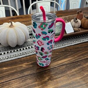 Swig Stainless Travel Tumbler with Pink Leopard Print and Handle